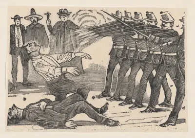 A firing squad executing two men, a priest and other figures in the background