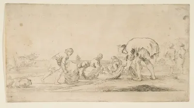 A fisherman bringing in his nets, a man at left pushing a bale to the right, two seated figures mending nets, and two figures at right seen from the back