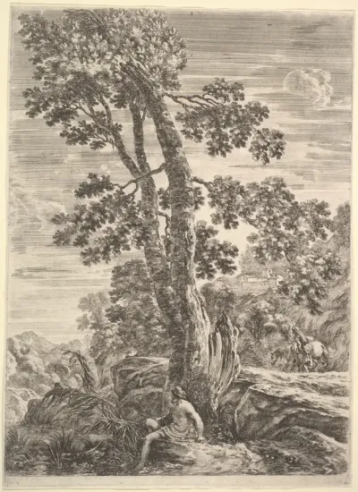 A fisherman leaning against a large tree, a woman walking next to a horse in the background, from "Four large landscapes" (Quatre grands paysages en hauteur)