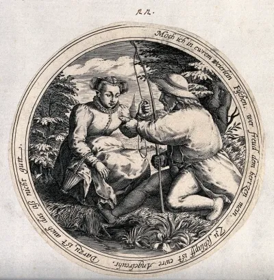 A fisherman on a river bank offers a fish to a young woman and asks her for a favour
