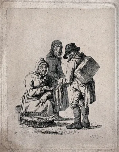 A fisherman's wife from Newhaven selling fish to a man in a market in Edinburgh