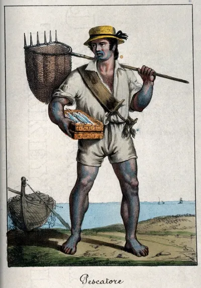 A fisherman stands on the shore with his boat behind him, a basket across his shoulders and a tray of fish in his hand