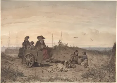 A Fisherman's Family at the Beach, the Mother and One of the Children Sitting in a Cart