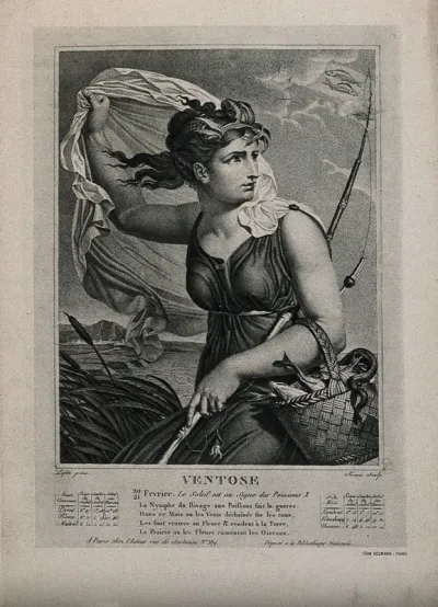 A fisherwoman blown by the wind; representing Pisces in the astrological year