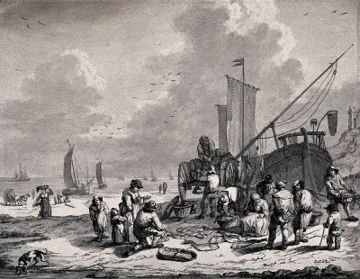 A fishing boat drawn up on to the beach at Scheveningen, surrounded by fishermen and a fishwife selling fish to customers