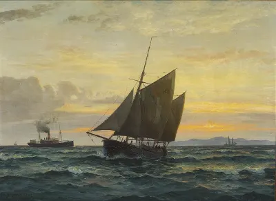 A fishing vessel and a steamship in the Sound at dusk.