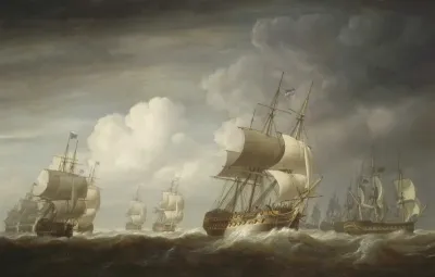 A fleet of East Indiamen at sea