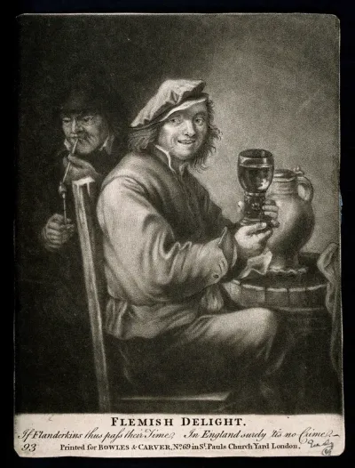 A Flemish man sits holding a large glass of wine, behind another man lights his pipe