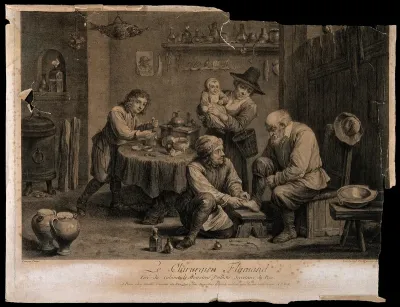 A Flemish surgeon treating an elderly man's foot, an assistant is mixing a concoction with a pestle and mortar in a surgery