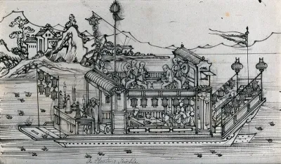 A floating Chinese temple, including an altar, musicians and prayer wheels