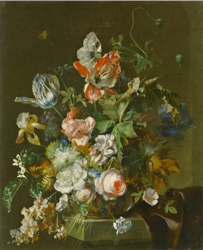 A floral still life with roses and tulips on a stone ledge