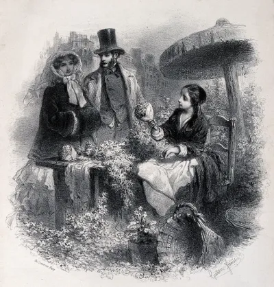 A flower seller offers a bunch of flowers to a young couple who are standing near her stall