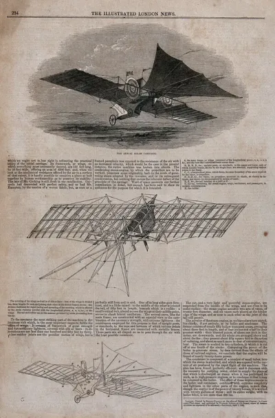 A flying contraption with large wings travels over the water