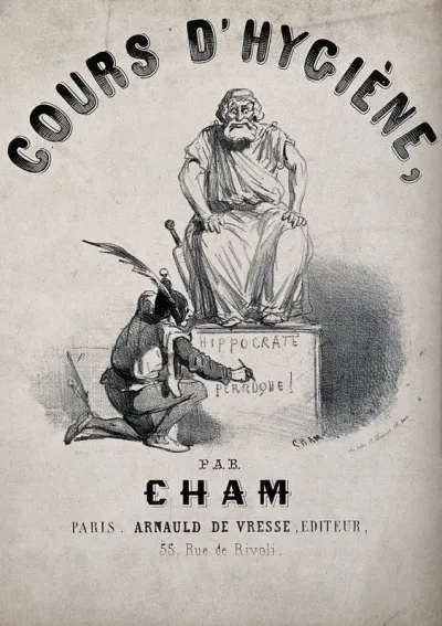 A fool is writing an insult on the pedestal of a statue of Hippocrates