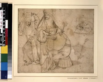 A fool, seated on a basket, about to be shaved by a nun holding a wafer iron
