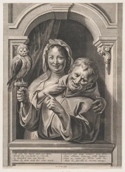 A Fool with an Owl and a Woman at a Window
