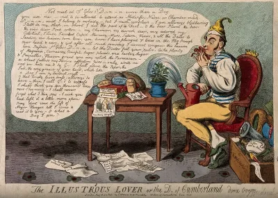 A foolish man kissing a ribbon and surrounded by sentimental keepsakes; representing the Duke of Cumberland's love for Mrs