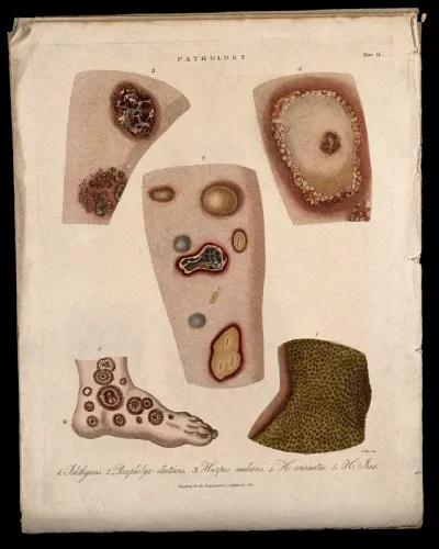 A foot with a skin disease; and four patches of skin showing types of skin disease
