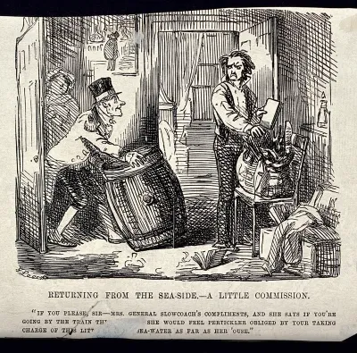 A footman at a seaside establishment asks a man who is about to leave if he will take a barrel of sea-water with him on behalf of another resident