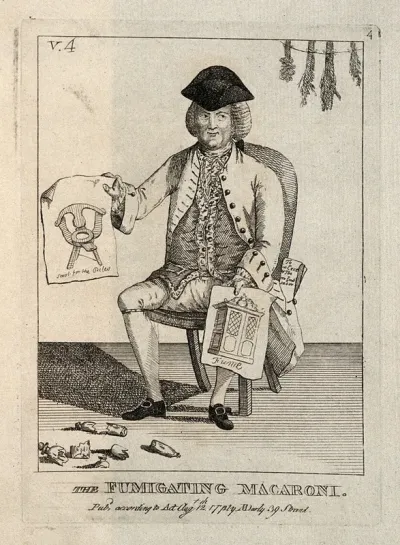 A foppish fumigator holding a print of a birthing chair (?)