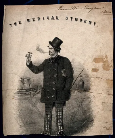 A foppish medical student smoking a cigarette, a tankard is on top of his medical books; denoting a cavalier attitude
