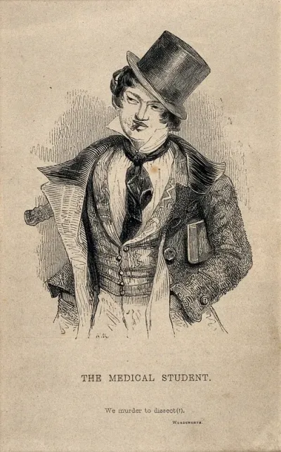 A foppish medical student smoking a cigarette; denoting a cavalier attitude