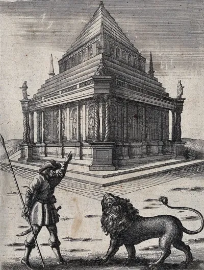 A forester stand with his spear in his hand before a lion and points to the tomb of Mausolus and a statue of a lion laying its head in a man's lap; illustration of a fable by Aesop