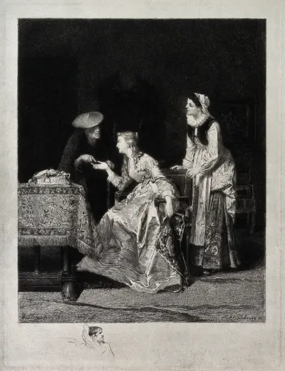A fortune-teller is reading a young woman's hand; a servant is standing behind the young woman