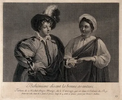 A fortune-teller reading a gentleman's palm