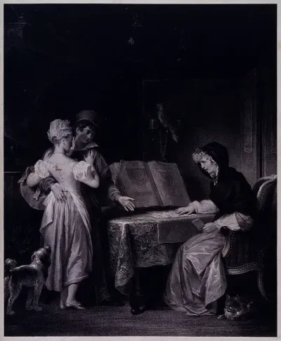 A fortune-teller reading the fortune of a young couple