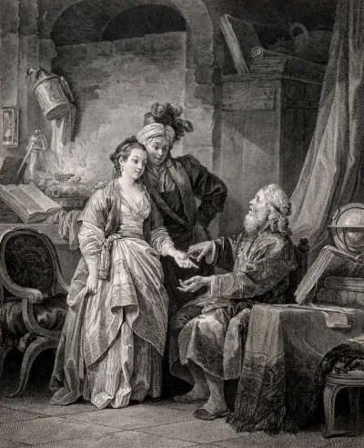 A fortune-teller reading the palm of a young woman accompanied by a young man wearing oriental clothes