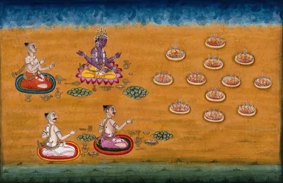 A four armed deity and three priests sit facing twelve sacrificial fires and make offerings to the god of fire, Agni
