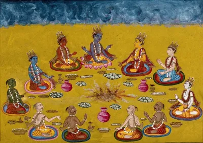 A four armed deity (?) sitting with five priests and five other deities or kings (?) performing a yagna, a fire sacrifice, an old vedic ritual where offerings are made to the god of fire, Agni