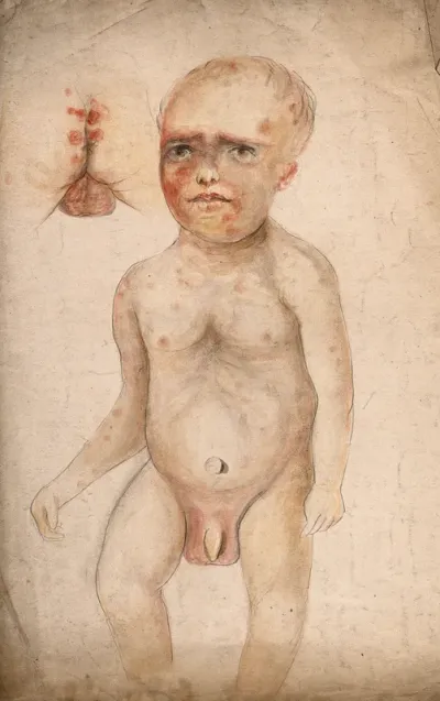 A four month old baby boy with diseased skin on his face and body, with a detail showing sores around the anus and genitals