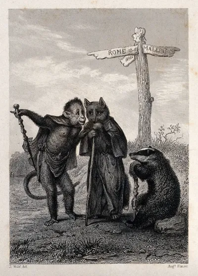 A fox, a monkey and a badger are deliberating directions at a crossing