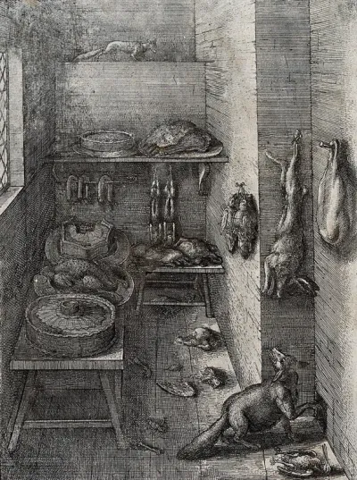 A fox and a weasel trying to leave a well-stocked larder; illustration of a fable by Aesop