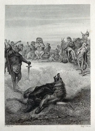 A fox and a wolf are fighting each other in a pit with a crowd of animals looking on