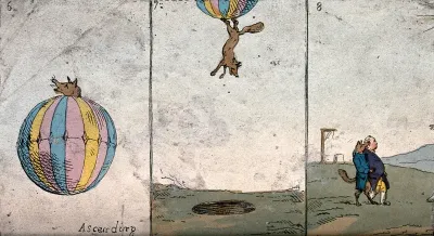 A fox ascends in a balloon, descends into a pit and walks off arm in arm with Lord North; representing Charles James Fox's coalition with Lord North under pressure from William Pitt the younger