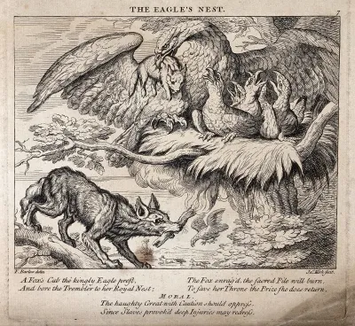 A fox carrying a flaming torch in its mouth is climbing up a tree in order to reach the eagle's nest in which an eagle is about to feed the eaglets with a cub