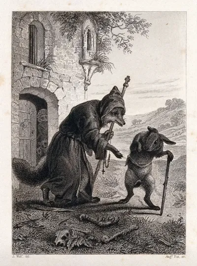 A fox dressed as a monk is greeting a passing hare with a walking stick