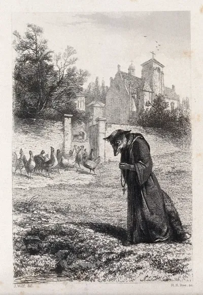 A fox in a monk's habit is apparently deeply engrossed in praying while it approaches the chicken run outside the monastery