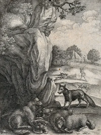 A fox is facing a wolf outside its lair surrounded by its prey while in the background a fox is chased by two dogs towards a peasant with a cudgel