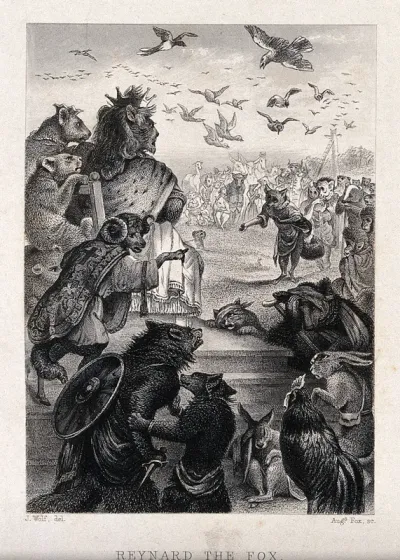 A fox is petitioning the lion dressed as king, while injured animals surround the throne