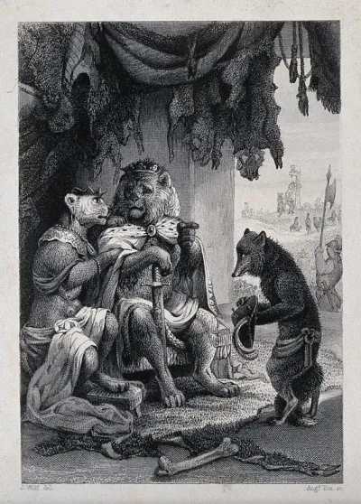 A fox is pleading before the lion dressed as king while an execution of a fox takes place outside