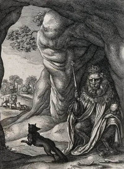 A fox is running away from a lion dressed in regal robe sitting in a cave