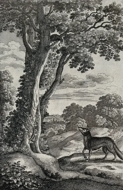 A fox is sitting under a tree looking up at a crow with a cheese in its bill; illustration of a fable by Aesop