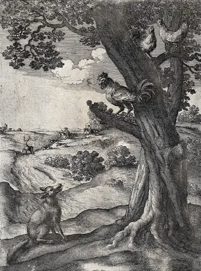A fox is sitting underneath a tree on which a cockerel and two hens are sitting, while a stag hunt is taking place in the background