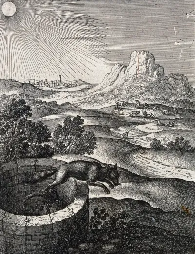 A fox jumps out of a well by climbing on the horns of a goat inside; illustration of a fable by Aesop