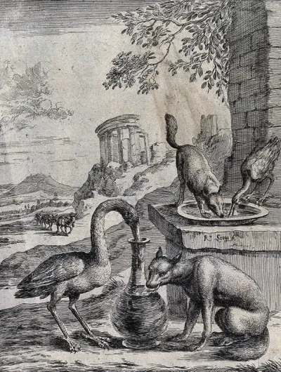 A fox licks the outside of a jug into which a crane has inserted its bill