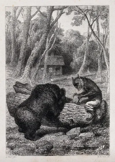 A fox, sitting on a tree trunk, is enticing a bear to poke its head in the hollow of the trunk, so as to trap the bear's head